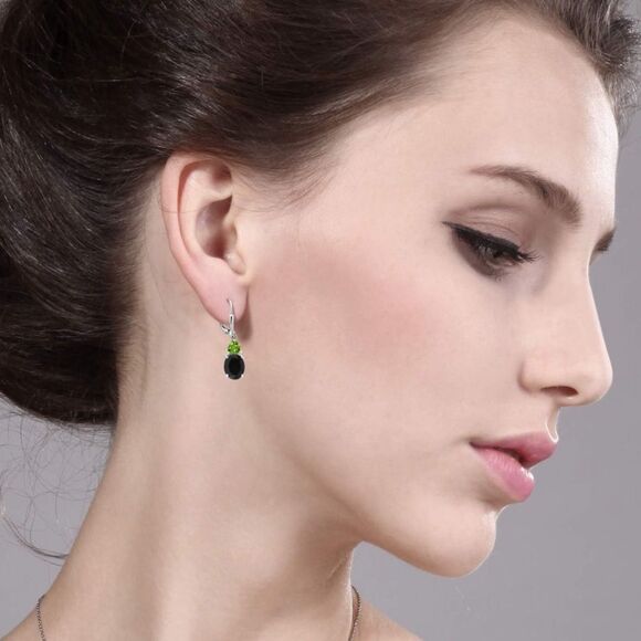 925 Sterling Silver with 5.96Cttw Black Onyx and Peridot Leverback Drop Earrings - Picture 4 of 4